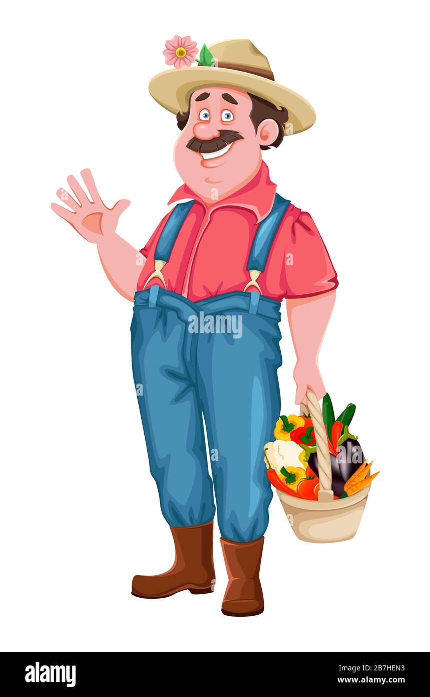 Farmer Cartoon-Charakter. Fröhlicher Bauer mit einem Korb voller Gemüse. Stockvektor isoliert auf weiß Stock Vektor