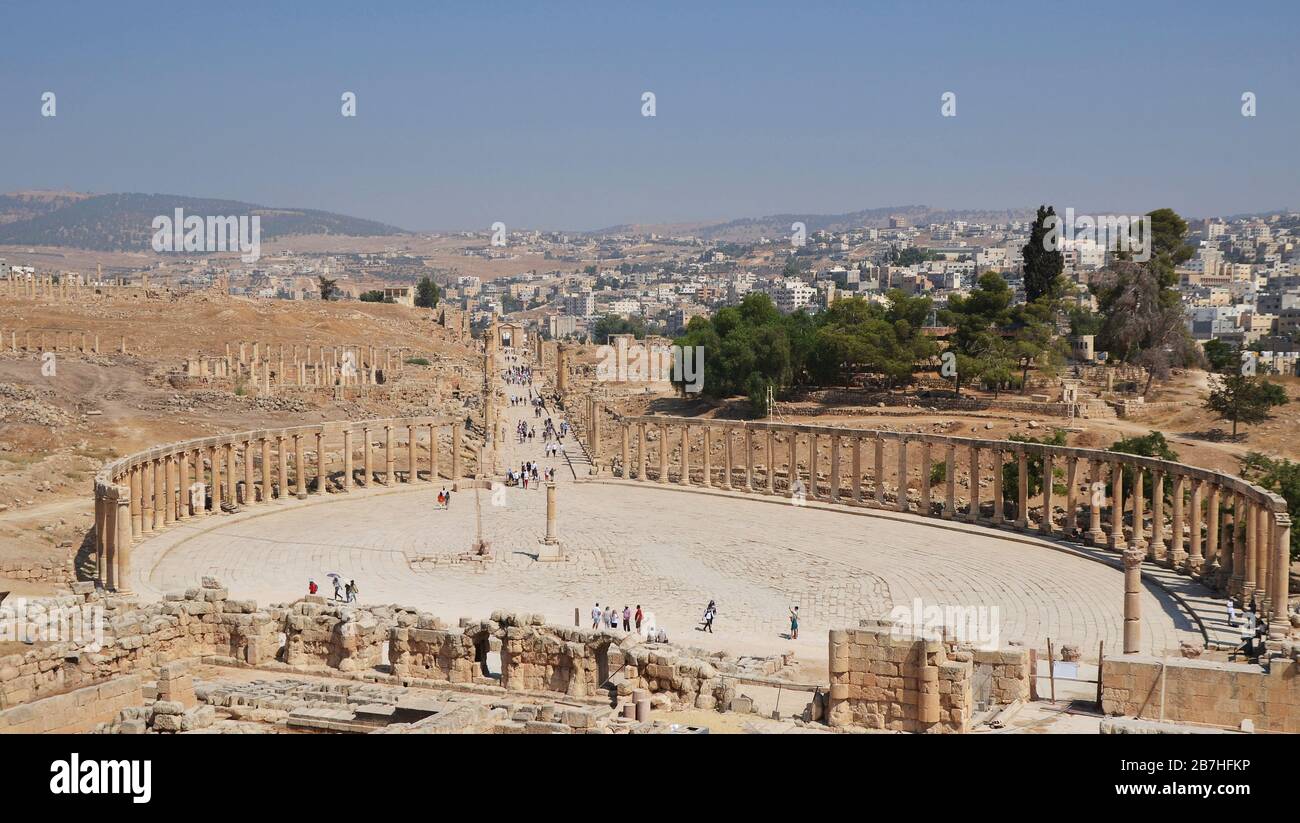 Luftbild auf dem alten Forum in Jerash Jordan Stockfoto