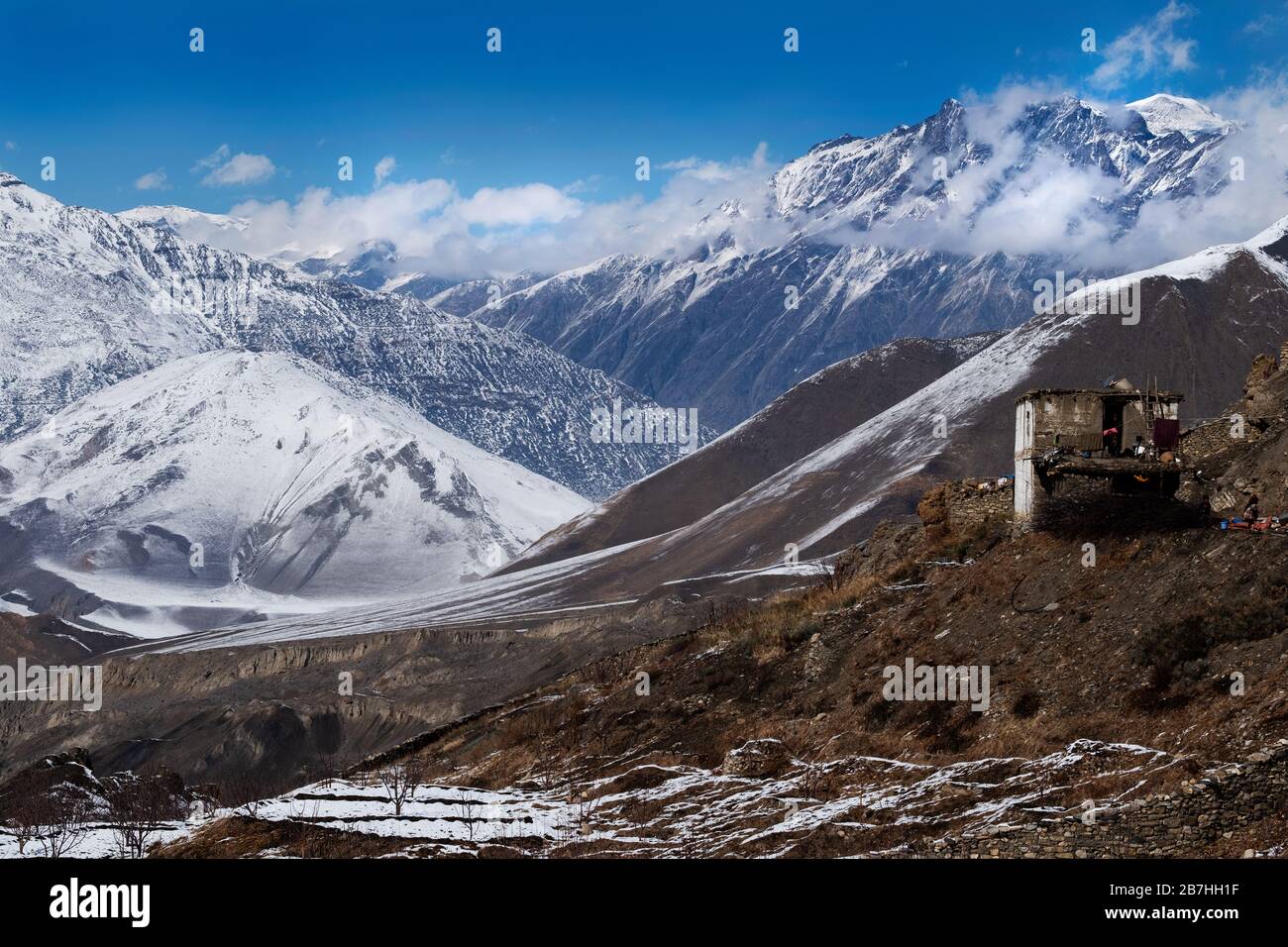 Mustang Landschaften im Schnee, Nepal Stockfoto