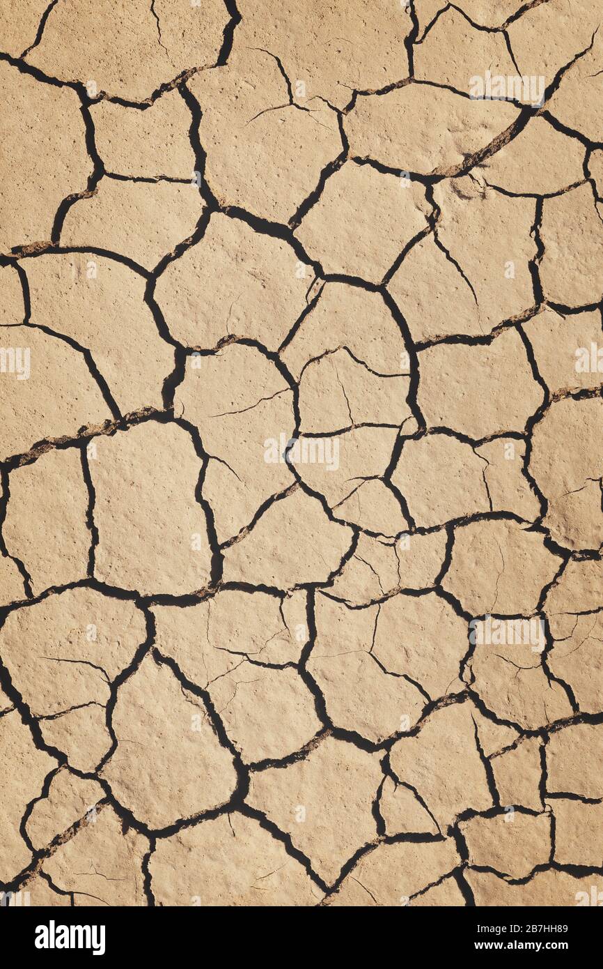 Vertikal ausgerichtetes Foto von trockenem zerbrochenem dehydriertem Boden. Hitze, Dürre, Klimawandel, Konzept der globalen Erwärmung. Abstrakter Texturhintergrund Stockfoto