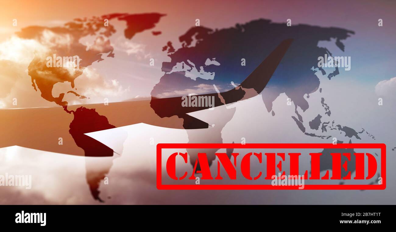 Annullierte Flüge aufgrund eines Coronavirus-Ausbruchs. Reisen mit Flugzeugen verboten. Stockfoto