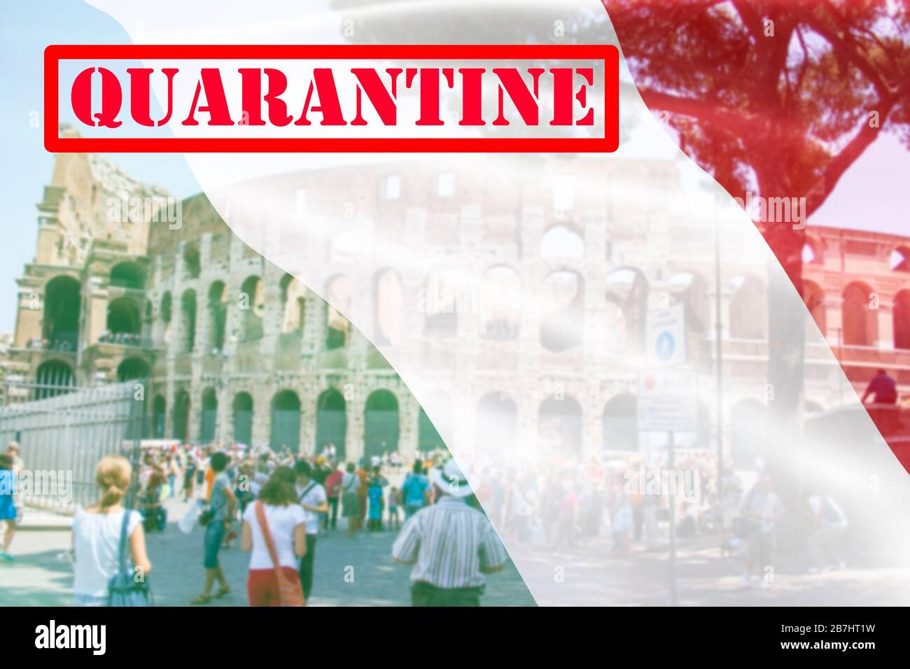ROM, Italien steht wegen des Ausbruchs von Coronavirus unter Quarantäne. Repräsentatives Bild von Sehenswürdigkeiten aus Rom mit italienischer Flagge und Quarantänewarnung Stockfoto ROM, Italien steht wegen des Ausbruchs von Coronavirus unter Quarantäne. Repräsentatives Bild von Sehenswürdigkeiten aus Rom mit italienischer Flagge und Quarantänewarnung Stockfoto