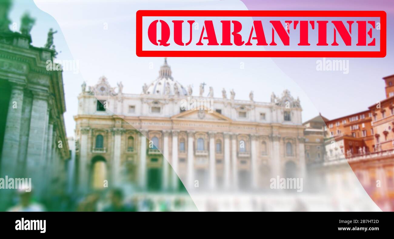 ROM, Italien steht wegen des Ausbruchs von Coronavirus unter Quarantäne. Repräsentatives Bild von Sehenswürdigkeiten aus Rom mit italienischer Flagge und Quarantänewarnung Stockfoto ROM, Italien steht wegen des Ausbruchs von Coronavirus unter Quarantäne. Repräsentatives Bild von Sehenswürdigkeiten aus Rom mit italienischer Flagge und Quarantänewarnung Stockfoto