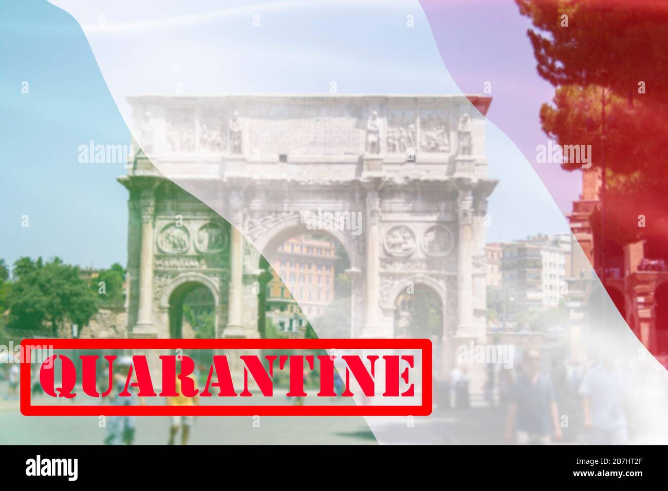 ROM, Italien steht wegen des Ausbruchs von Coronavirus unter Quarantäne. Repräsentatives Bild von Sehenswürdigkeiten aus Rom mit italienischer Flagge und Quarantänewarnung Stockfoto ROM, Italien steht wegen des Ausbruchs von Coronavirus unter Quarantäne. Repräsentatives Bild von Sehenswürdigkeiten aus Rom mit italienischer Flagge und Quarantänewarnung Stockfoto