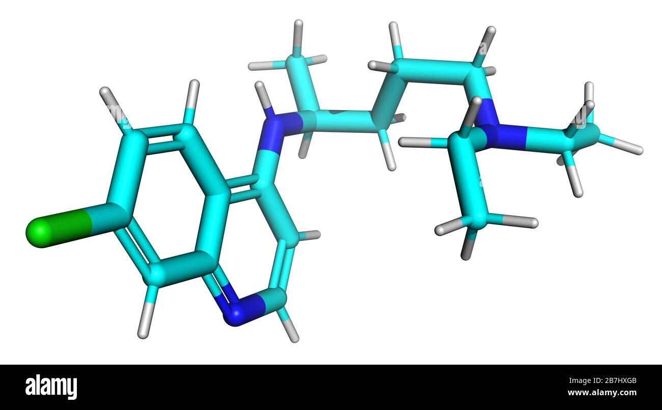 3D-Struktur von Chloroquin, einer Substanz, die gegen das COVID-19-Coronavirus und Malaria aktiv ist Stockfoto