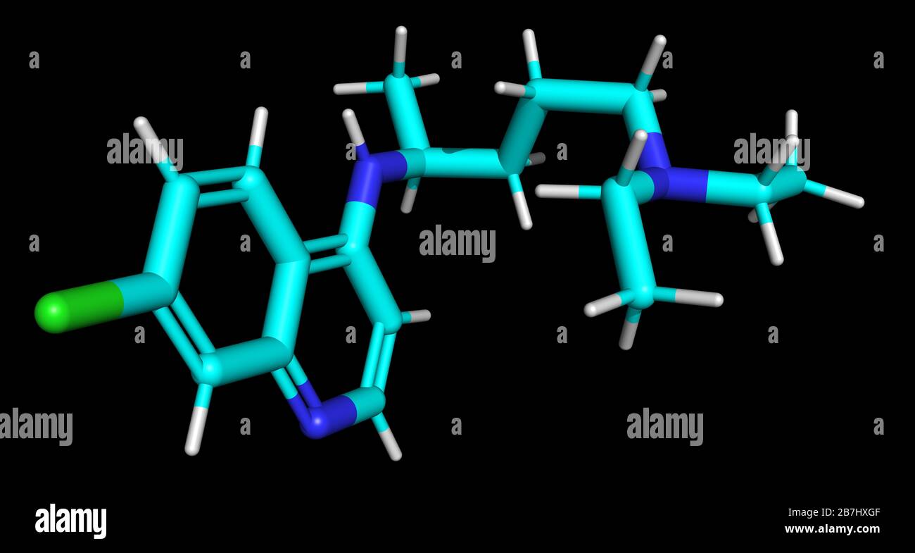 3D-Struktur von Chloroquin, einer Substanz, die gegen das COVID-19-Coronavirus und Malaria aktiv ist Stockfoto