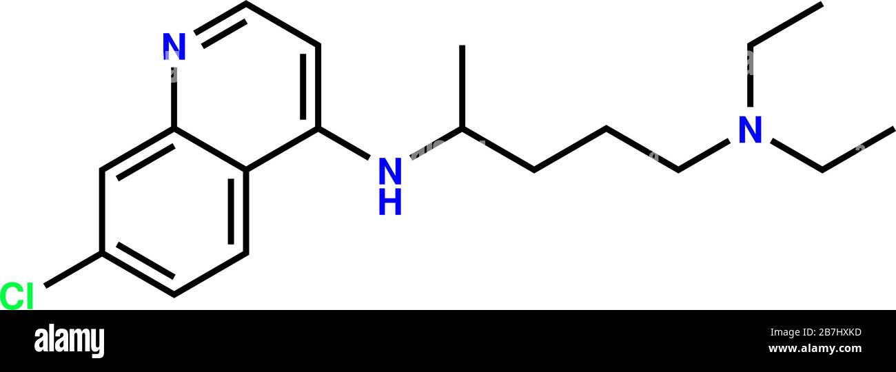 Strukturformel von Chloroquin, einem gegen das COVID-19-Coronavirus und Malaria aktiven Stoff Stock Vektor