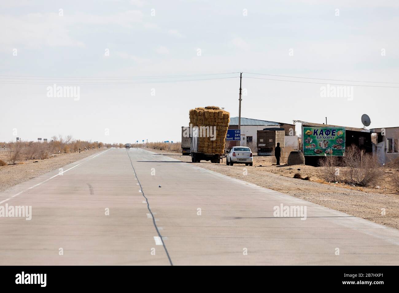 Restaurant am Straßenrand, Café in der Wüste, an der Straße von Buchara nach Chiwa, Kyzylkum Wüste, Usbekistan Stockfoto