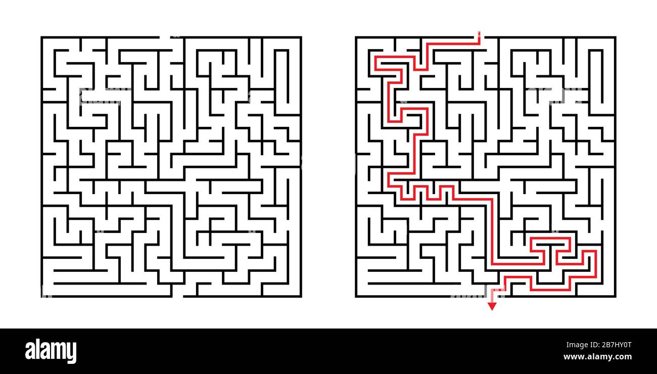 Vector Square Labyrinth mit der im Lieferumfang enthaltenen Lösung in Schwarz und Rot. Lustige Lernspiele für Koordination, Problemlösung, Entscheidungsfindung Stock Vektor