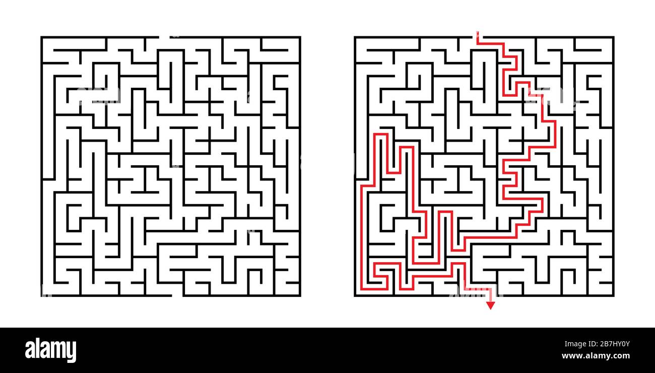 Vector Square Labyrinth mit der im Lieferumfang enthaltenen Lösung in Schwarz und Rot. Lustige Lernspiele für Koordination, Problemlösung, Entscheidungsfindung Stock Vektor