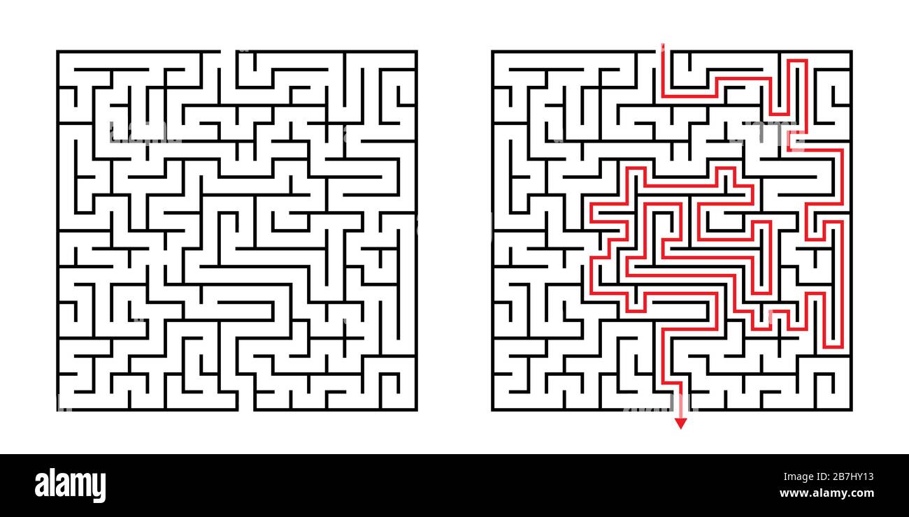 Vector Square Labyrinth mit der im Lieferumfang enthaltenen Lösung in Schwarz und Rot. Lustige Lernspiele für Koordination, Problemlösung, Entscheidungsfindung Stock Vektor