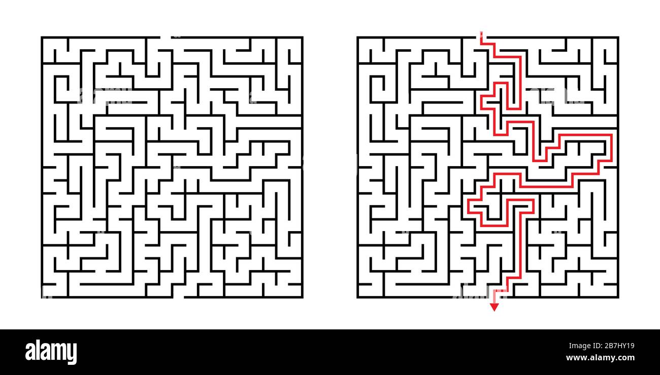 Vector Square Labyrinth mit der im Lieferumfang enthaltenen Lösung in Schwarz und Rot. Lustige Lernspiele für Koordination, Problemlösung, Entscheidungsfindung Stock Vektor