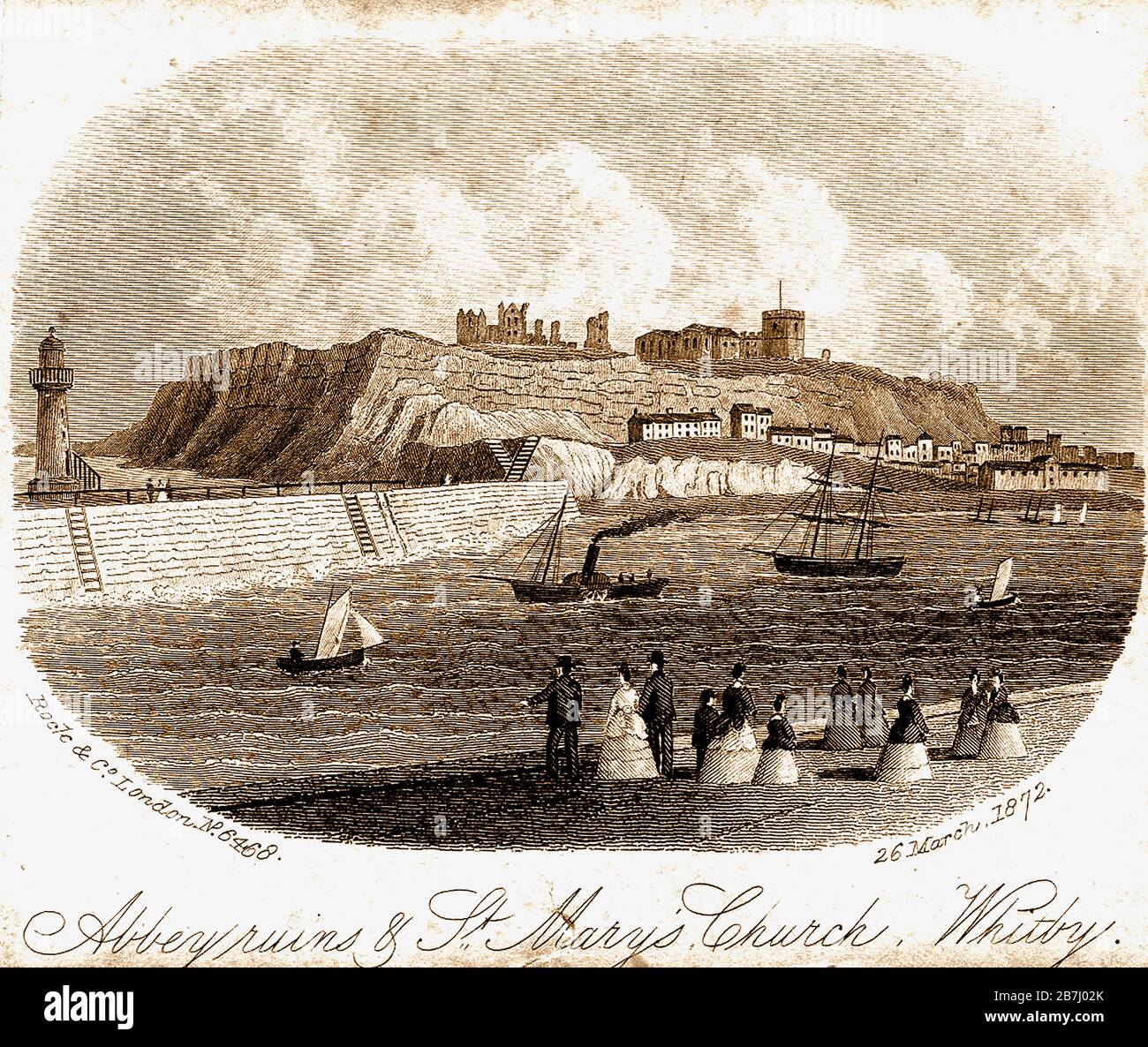 Ein historischer Druck (Dienstag, 26. März 1872) von Whitby Harbour (North Yorkshire UK), der den East Pier und Leuchtturm, Spa-Leitern, Haggerlythe, die Abbey Ruins, die St Mary's Parish Church und die Henrietta Street zeigt. Meine Damen und Herren in ihrer besten Kleidung und ihren hohlen Röcken beobachten Segelboote, einen Dampfer und eine kleine Yacht. Stockfoto