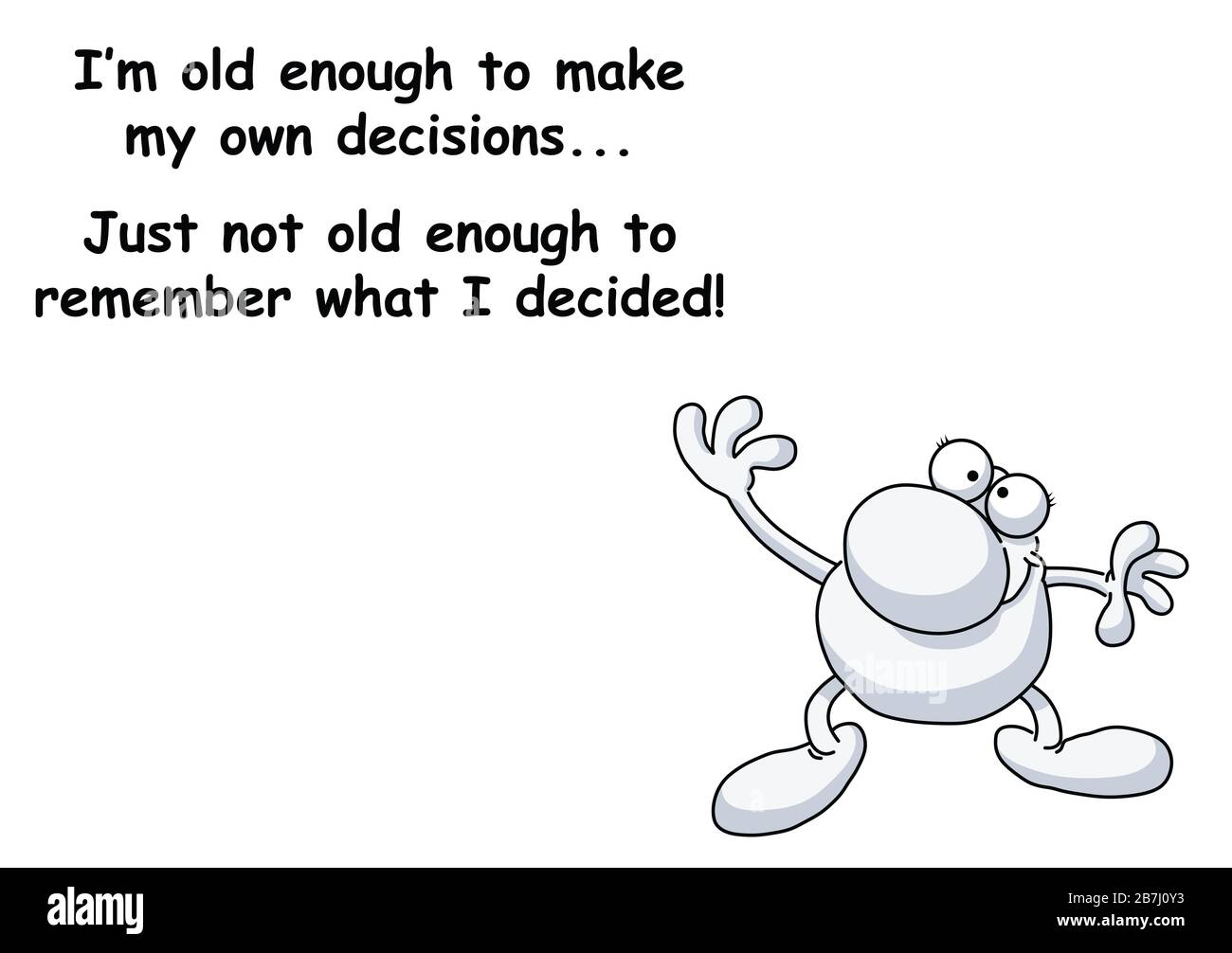 Komische Altersmeldung bezüglich Speicherverlust isoliert auf weißem Hintergrund Stockfoto