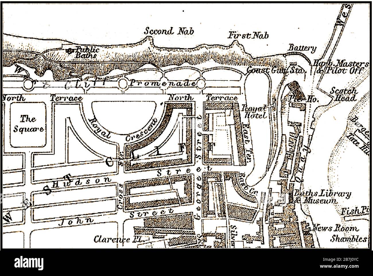 Eine Karte/ein Plan aus dem Jahr 1874 des West Cliff Areals von Whitby, North Yorkshire, England in viktorianischer Zeit, die eine Umrisse von Gebäuden zeigt, einige noch zu vollenden. Stockfoto