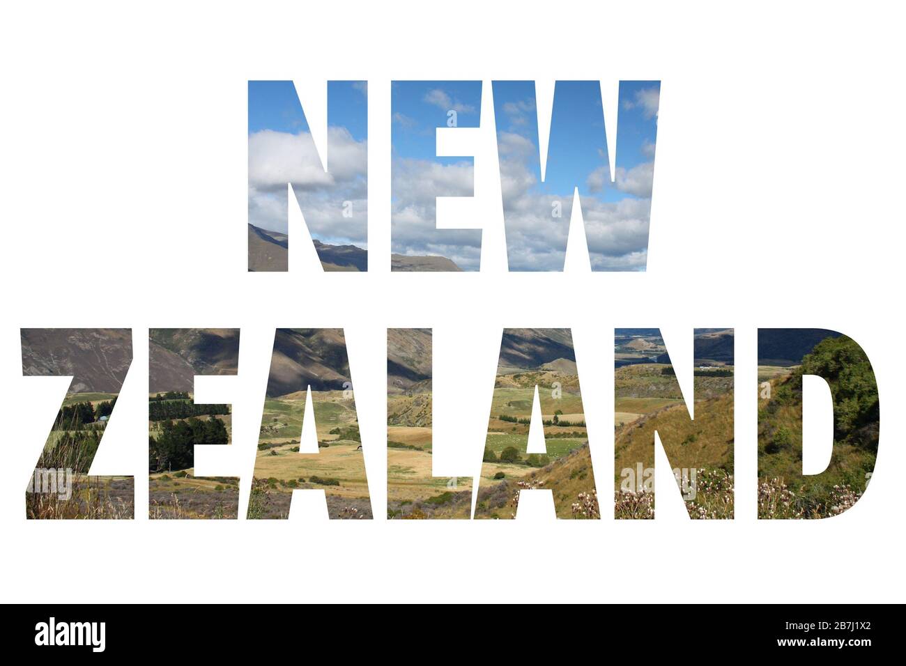 Neuseeland - Ländername mit Foto im Hintergrund. Isoliert auf weiß. Stockfoto