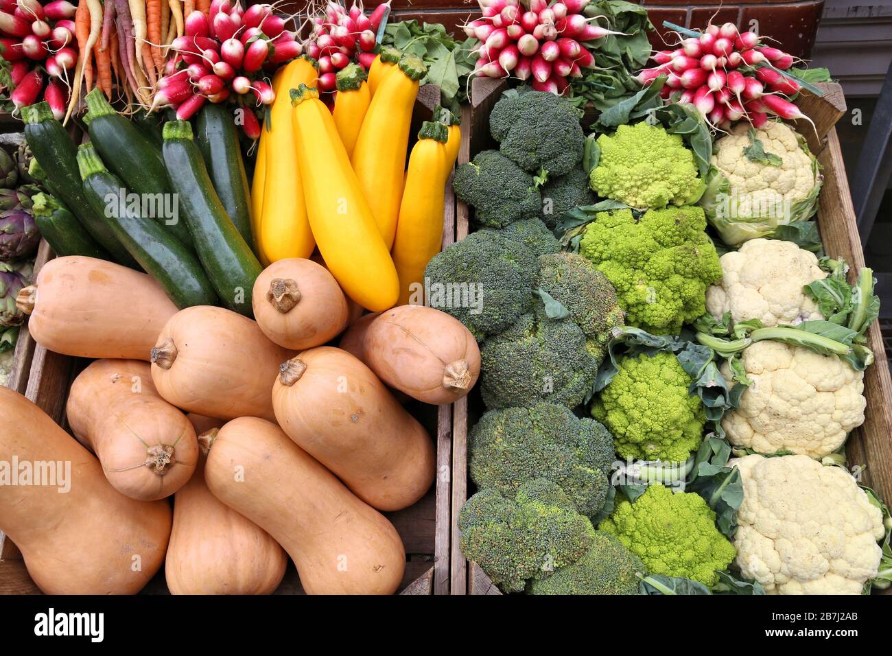 Radieschen, Squash, Gourd, Brokkoli und Blumenkohl - Bio Green Grocer's Shop in London, Großbritannien. Stockfoto