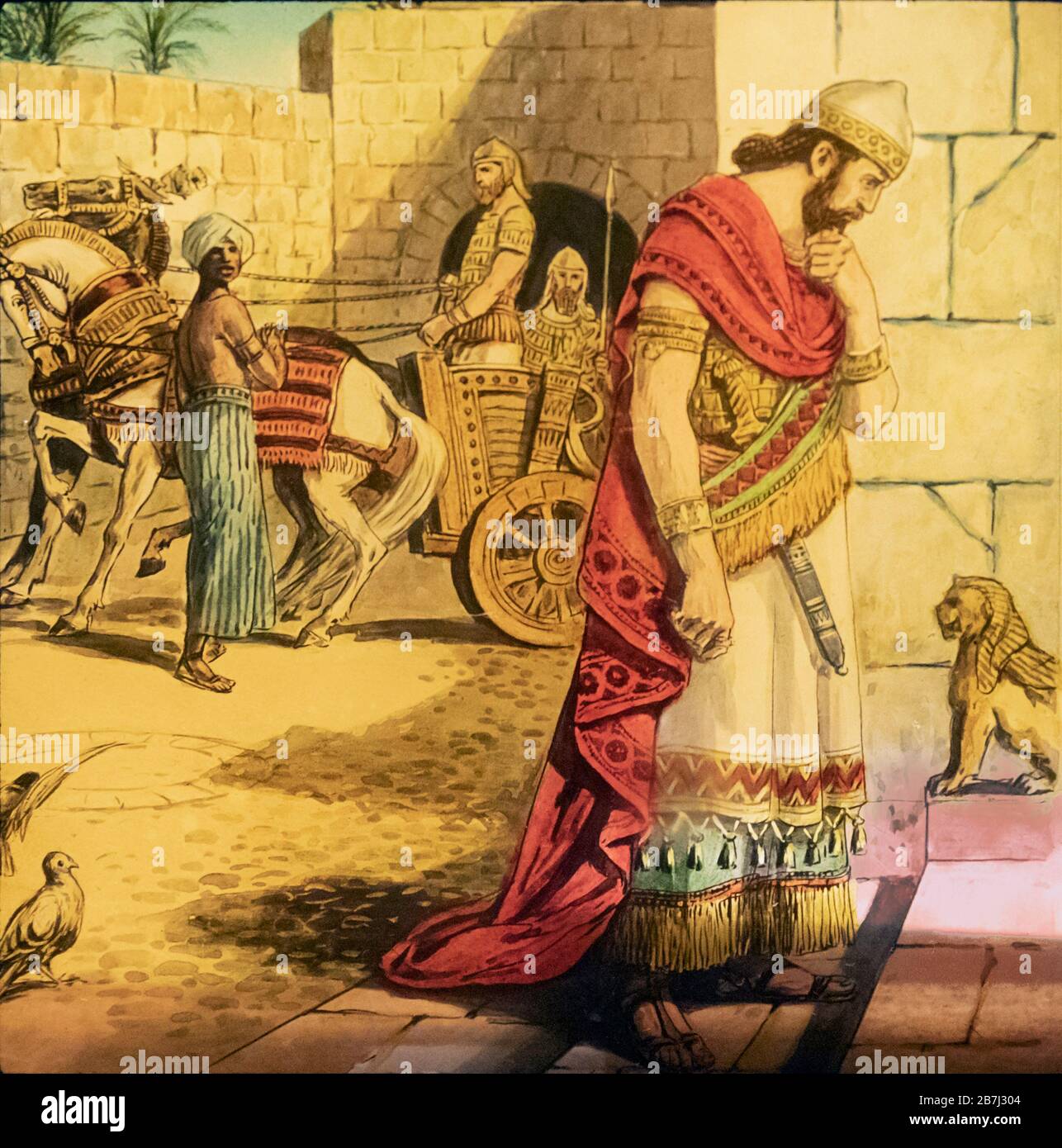 Nebukadnezar II, c 605 v. Chr. - ca. 562 V. CHR. König des neubabylonischen Kaiserreichs. Hier wird er als hinunterblickend von seinem Palast über seine Hauptstadt Babylon gedacht. Aus einem Laternenschlitten aus dem 19. Jahrhundert. Stockfoto
