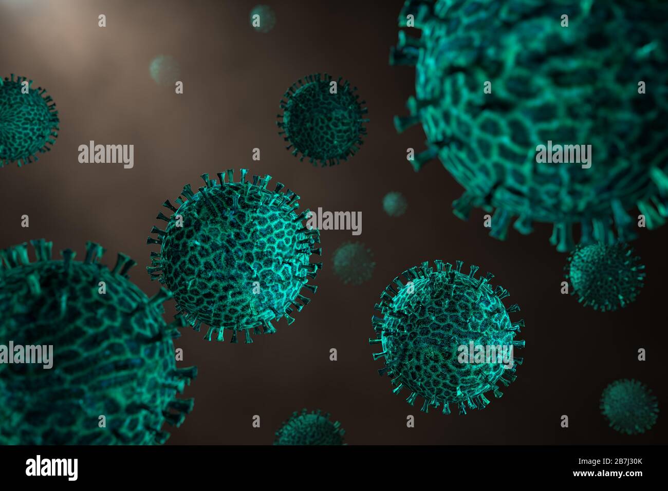 Computer modellierte detaillierte medizinische Illustration des neuartigen Coronavirus 2019-nCoV Covid-19. Konzept Zum Schutz Vor Virus-Pandemie. Mikrobiologie Nahaufnahme von Scen Stockfoto