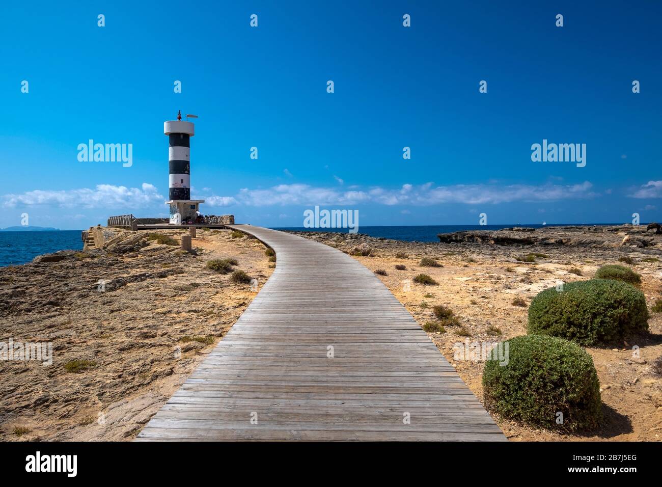 Leuchtturm von Cap de Ses Salines, Insel Mallorca, Balearen, Spanien Stockfoto
