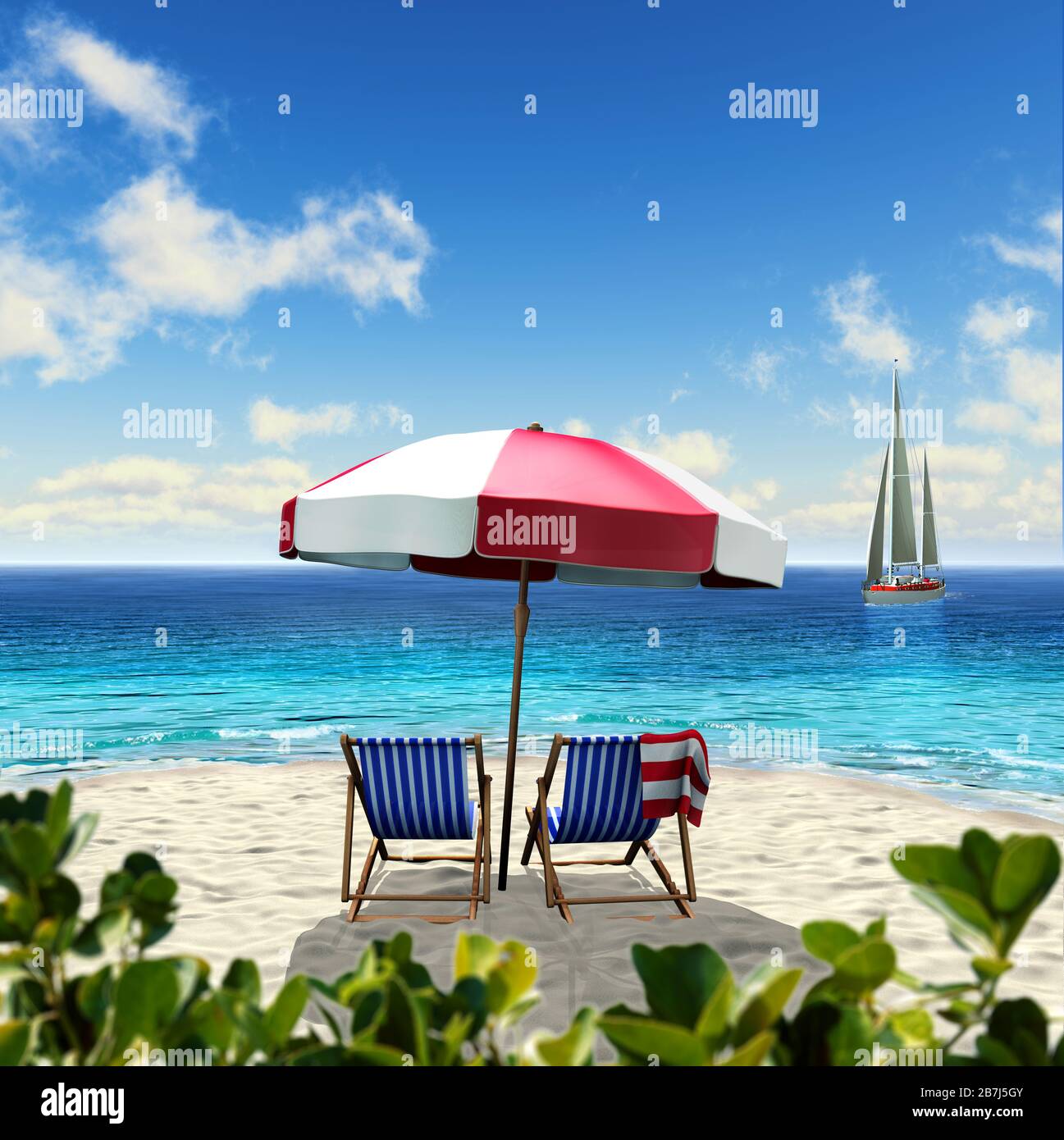Zwei Stühle und Sonnenschirm am Strand. Mit ruhigem, transparentem Meer, Segelboot und blauem Himmel mit Wolken. Stockfoto