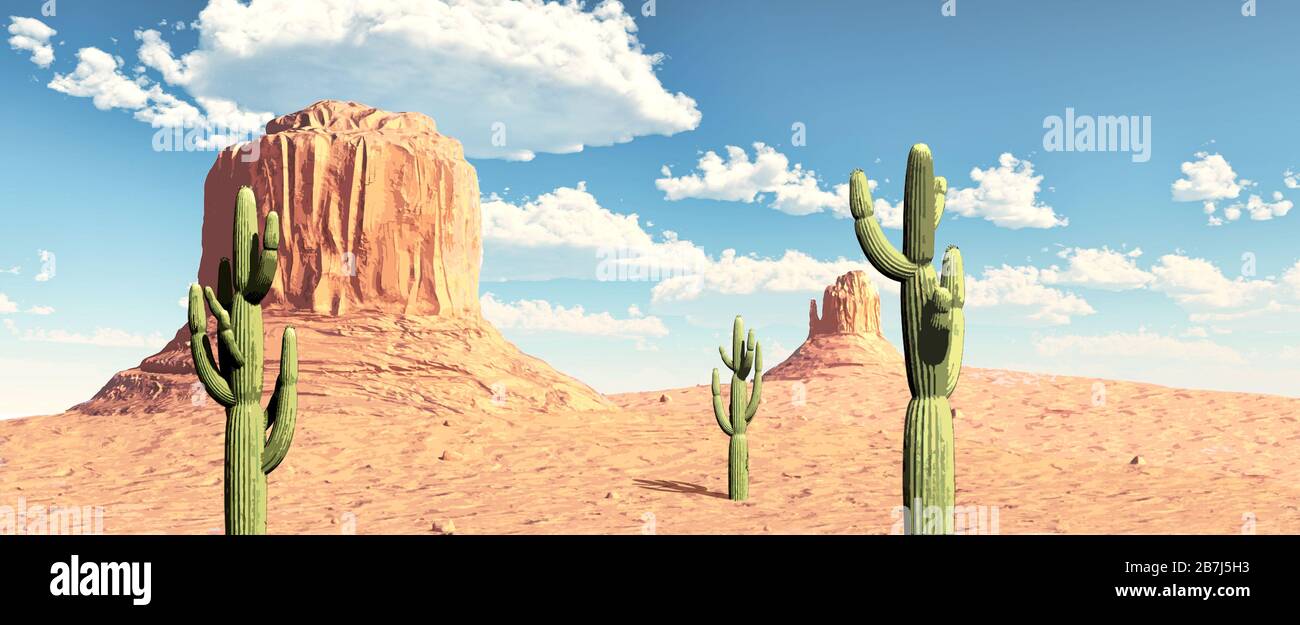 Blick auf das Monument Valley mit drei Kaktus im Vordergrund und blauem Himmel mit Wolken. Stilisierter Look. Stockfoto