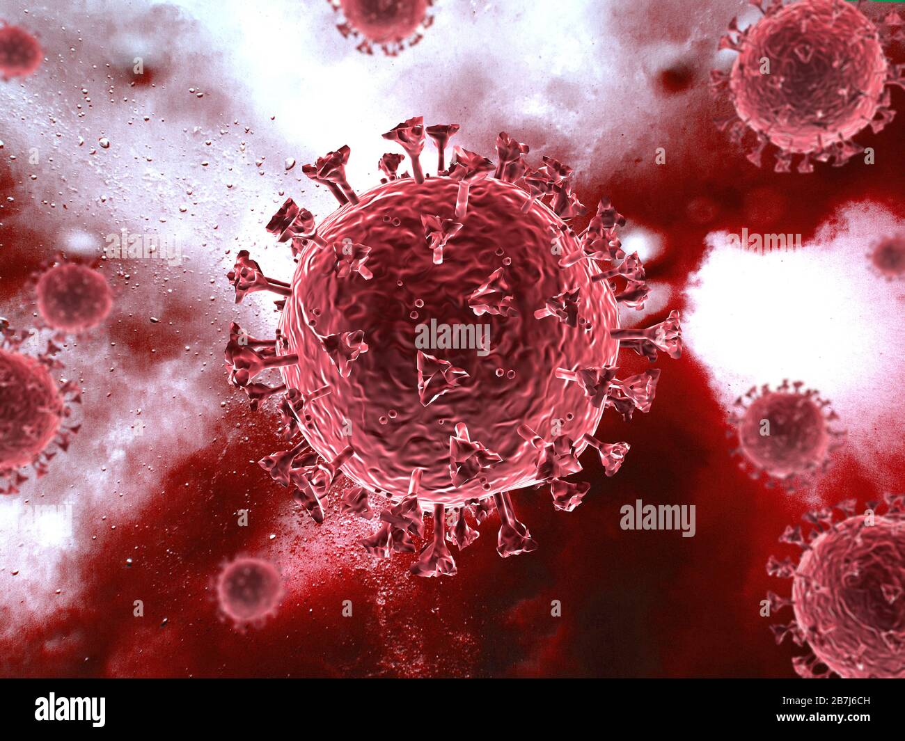 Corona-Virenszene mit detaillierter Struktur. Rote Motive auf rotem Hintergrund. 3D-Rendering. Stockfoto