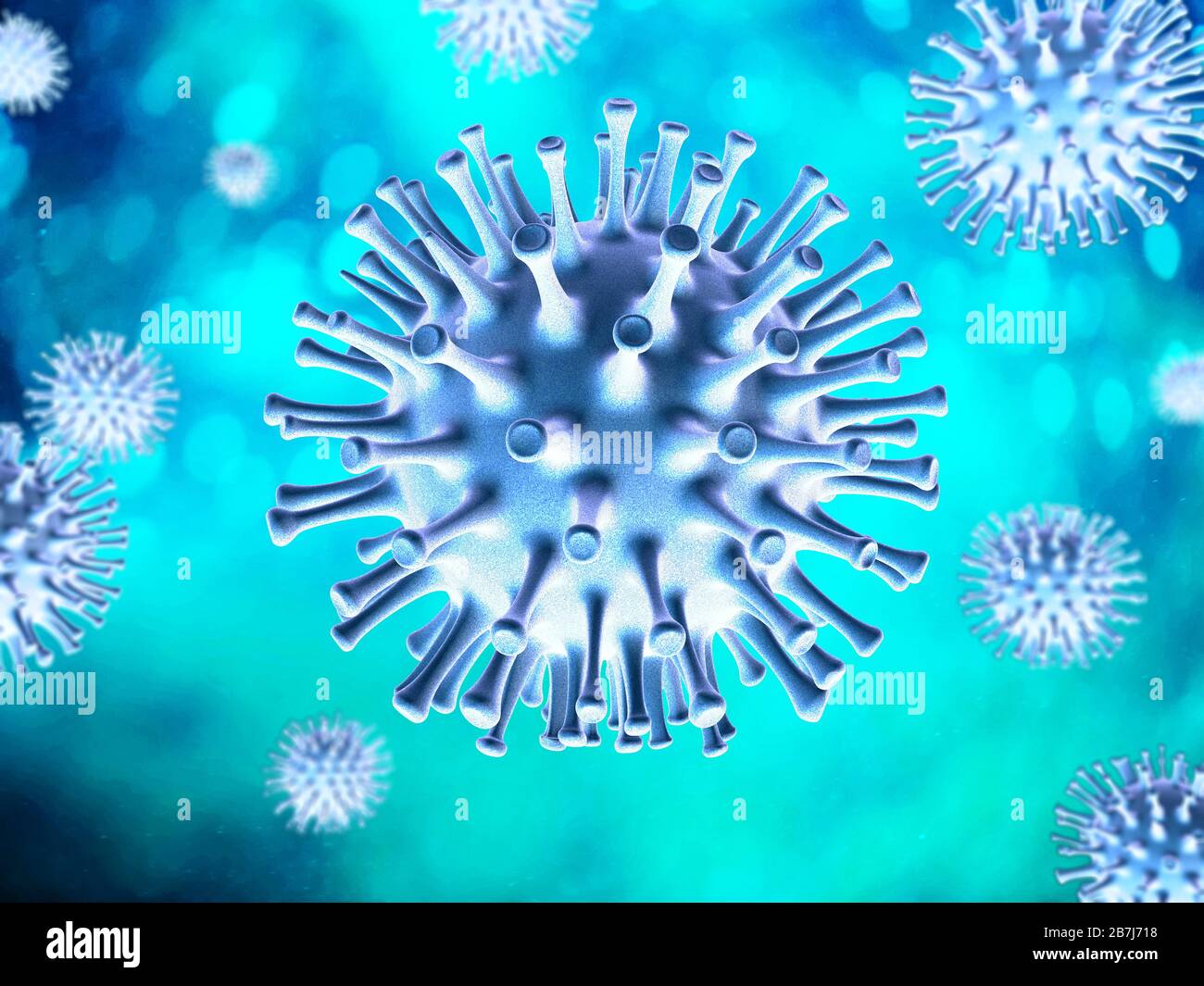 Corona-Virenszene. Blaue Motive auf türkisfarbenem Hintergrund. Stockfoto