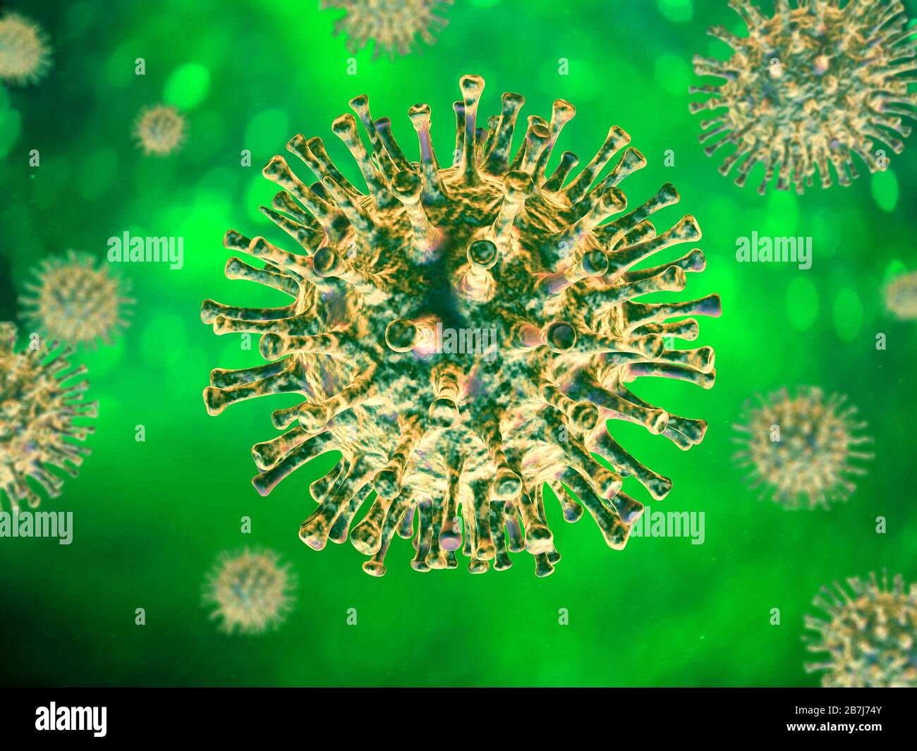 Corona-Virenszene. Grün/gelbe Motive auf grünem Hintergrund. Stockfoto