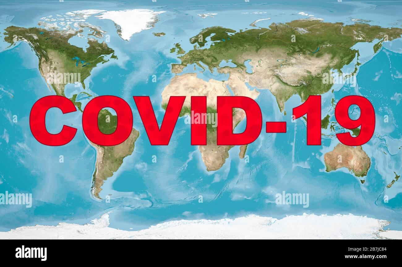 COVID-19 Coronavirus Pandemie, Name COVID-19 auf globaler Karte. SARS-COV-2-Coronavirus Ausbruch in der Welt. Schnelle Verbreitung des tödlichen Corona-Virus auf dem Planeten. E Stockfoto