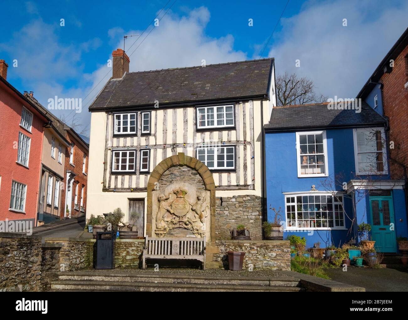 Der alte Marktplatz in Bishop's Castle, Shropshire. Stockfoto