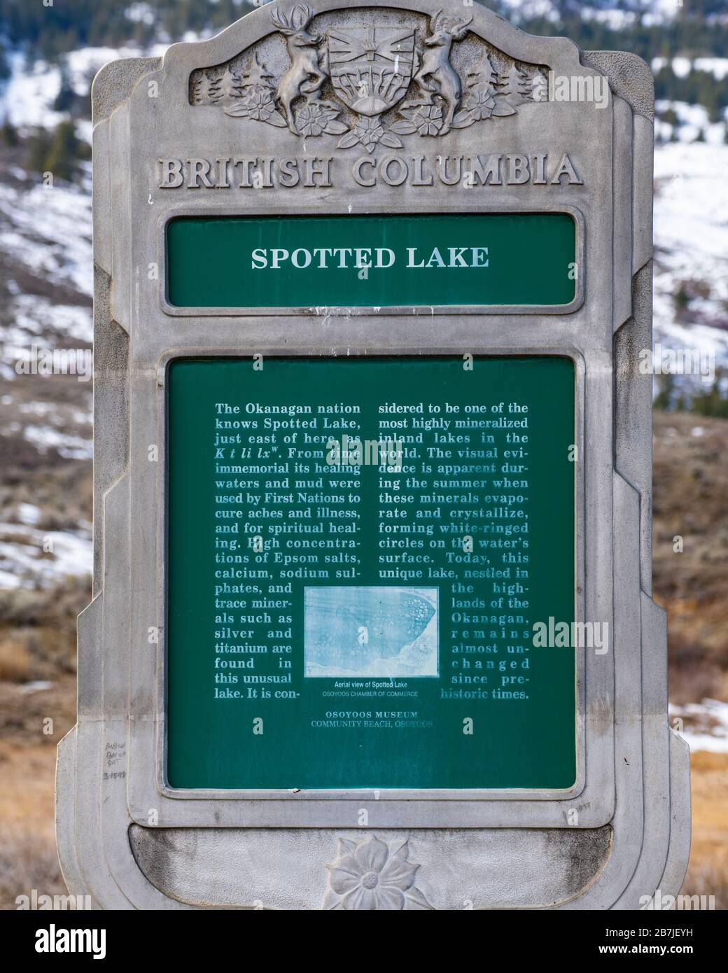 Hinweisschild am Spotted Lake, Osoayoos, British Columbia, Kanada Stockfoto