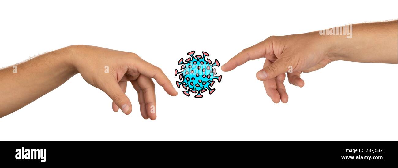 Coronavirus-Übergang per Handkontakt. Comic-Foto von Händen in Lebensform und handgezeichnetes Coronavirus Stockfoto