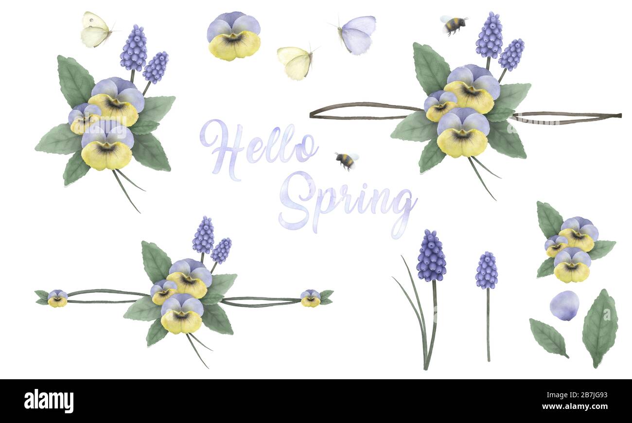 Hallo Frühling, handbemalte Blumenschmuck mit Viola's, Traubenhyazinthe, Hummeln und Schmetterling, handbemalte zarte und elegante Blumen Stockfoto
