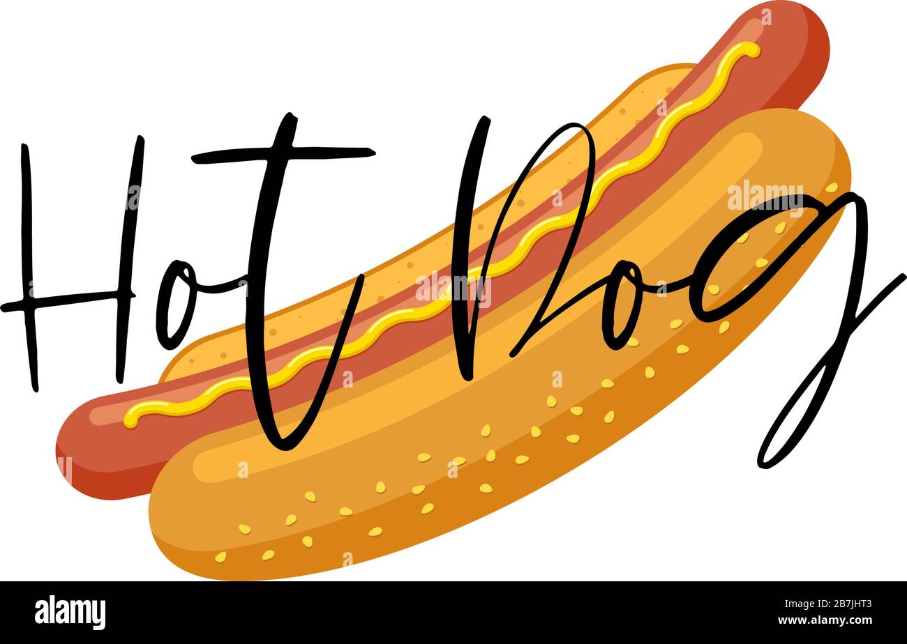 Cartoon Fast Food Hotdog mit Schriftzug Restaurant Menü Werbung Design Vorlage. Hot Dog Wurst in Brot mit Senf isoliert flache Vektor promo Illustration Stock Vektor