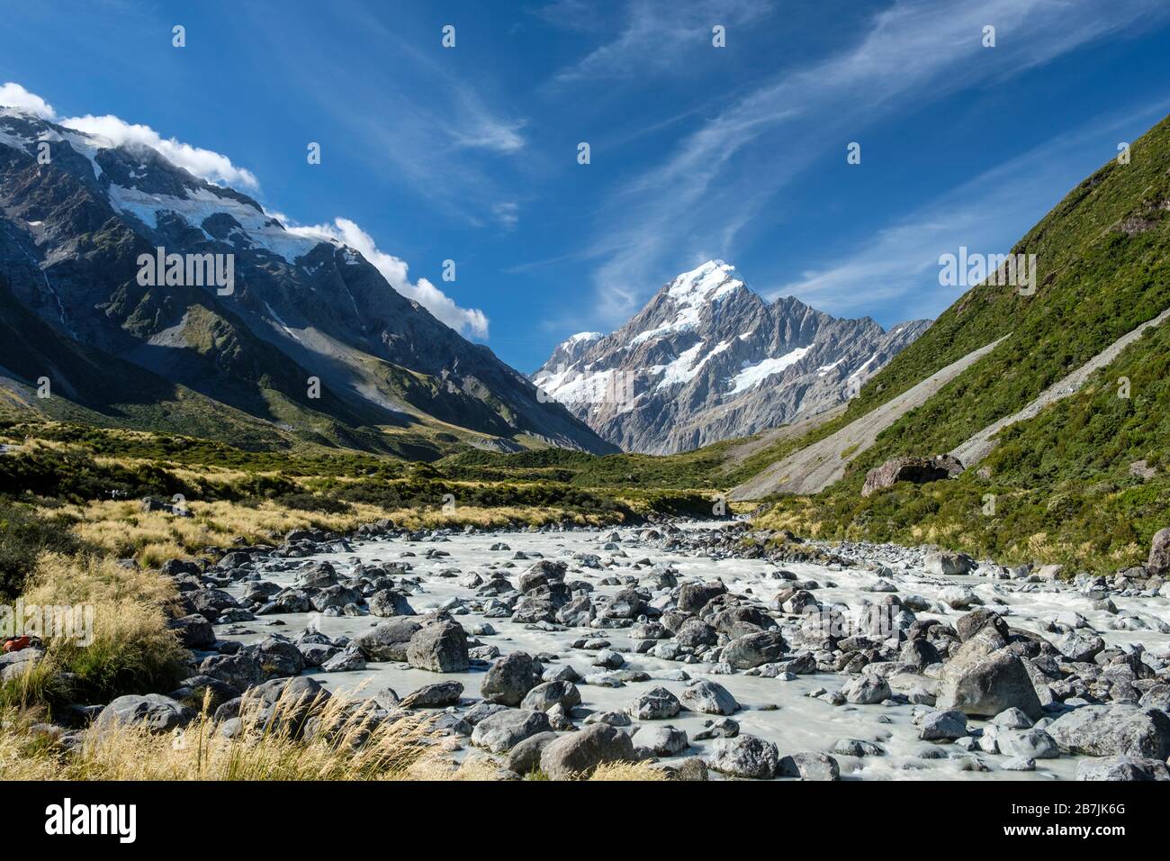 Glacial River (Hooker River) in der Nähe von Hooker Track, Aoraki/Mount Cook National Park, South Island, Neuseeland Stockfoto