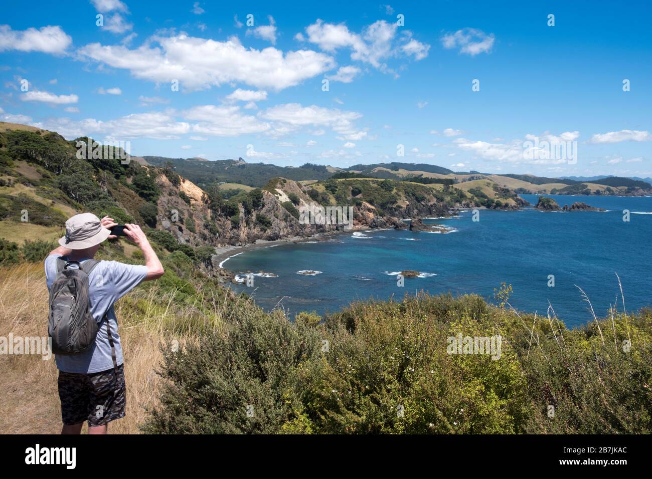 Man Wandern auf der Mahinepua Halbinsel und Bay Walking Track, Kaeo⁩, ⁩Bay of Islands, Northland North Island, Neuseeland Stockfoto