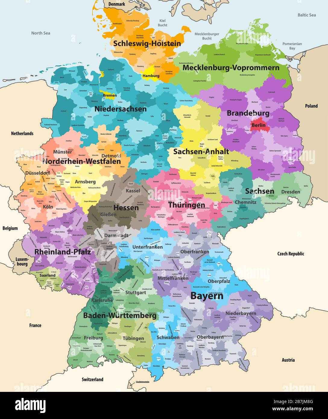 Deutschland detaillierte Vektor-Karte mit Nachbarländern und -Gebieten. Karte nach Bundesstaaten und Verwaltungsbezirken mit Unterteilungen farbig Stock Vektor