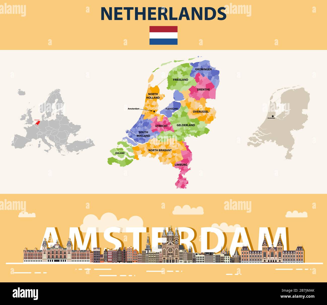Lokale Gemeinden der Niederlande Karte nach Provinzen farblich gekennzeichnet. Buntes Plakat mit Stadtbild von Amsterdam. Vektorgrafiken Stock Vektor