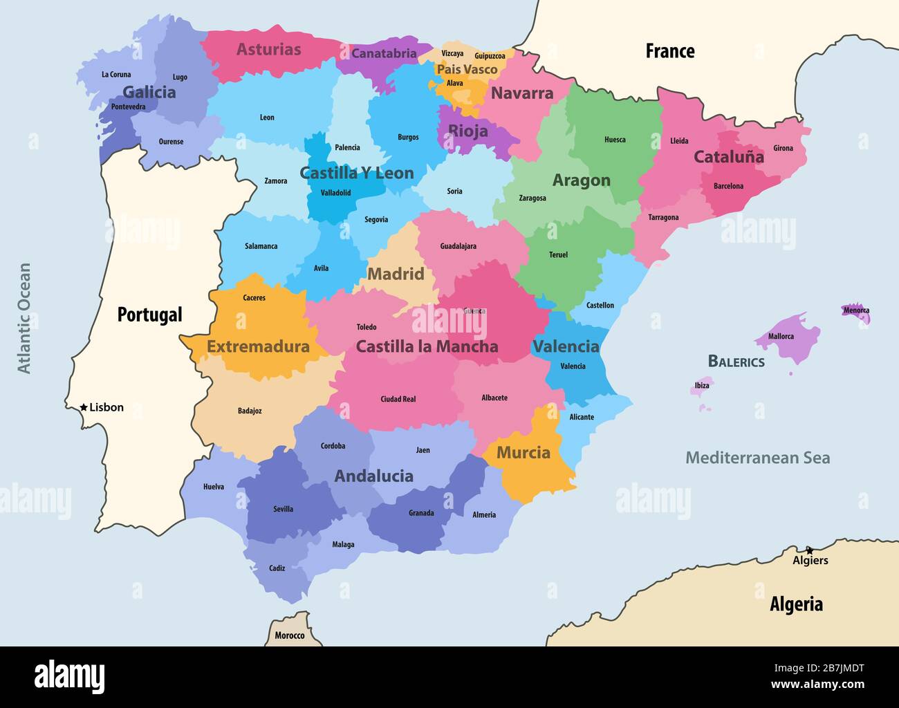 Spanien autonome Gemeinden und Provinzen Vektor-Karte mit den Nachbarländern und Gebieten Stock Vektor