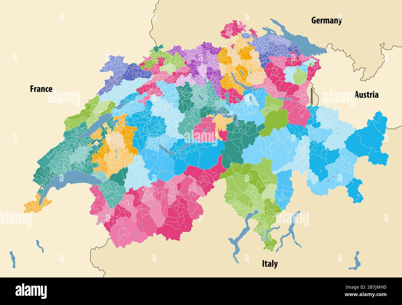 Vektorkarte Schweiz mit Kantonen-, Bezirks- und Gemeindegrenzen, farblich nach Kantonen und innerhalb jedes Kantons durch Ablenkungen gekennzeichnet Stock Vektor