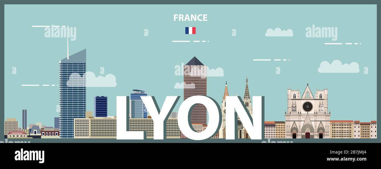 Buntes Plakat mit Stadtbild von Lyon. Detaillierte Vektordarstellung Stock Vektor