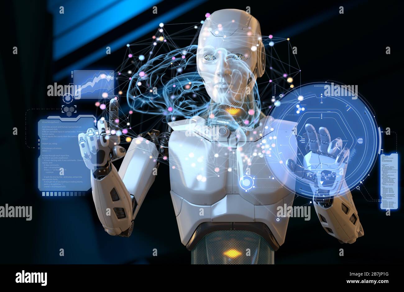 Roboter arbeitet mit futuristischem Touchscreen. 3D-Abbildung Stockfoto