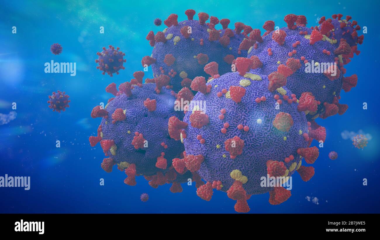 Covid - 19 Virusausbruch, das gesundheitsbedrohende Coronavirus - das in der Lage ist, Krankheiten durch allgemeine Grippe und auch ernsthaftere Krankheiten zu verursachen (3d Wissenschaft illustrr Stockfoto