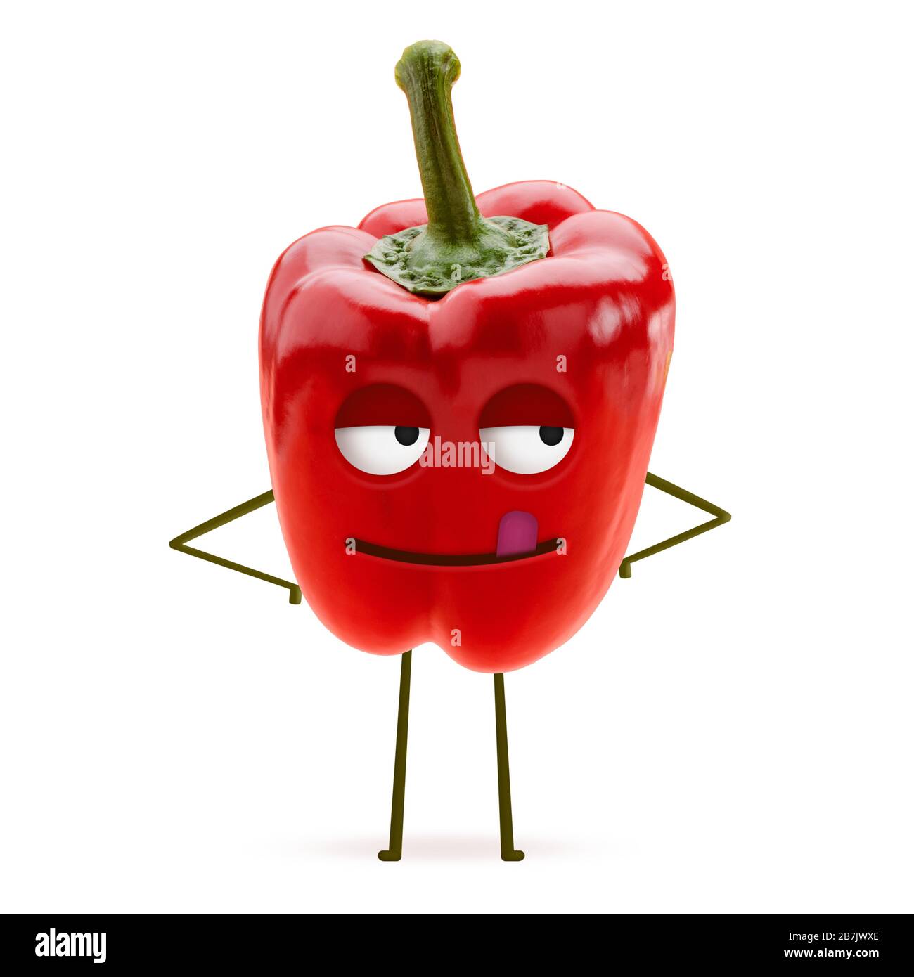 Rote Paprika mit leckender Zunge und glücklichen Augen Stockfoto