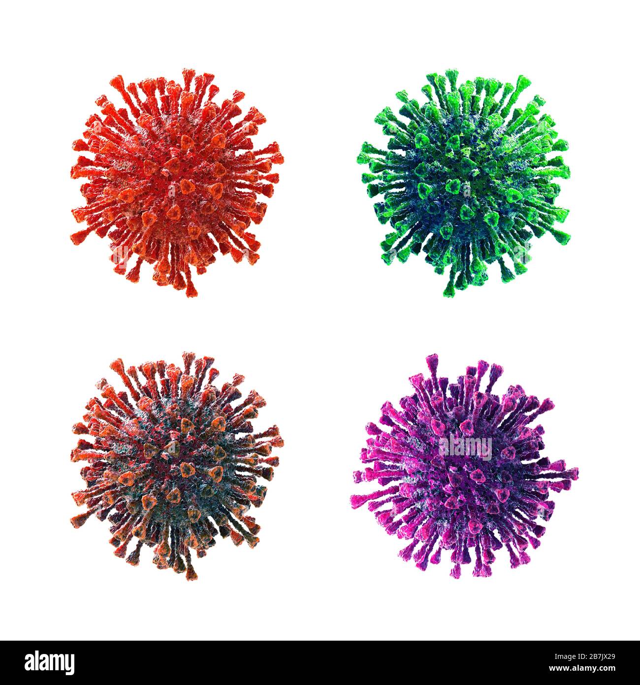 3D-Darstellung verschiedener farbiger Viren. Isoliert auf weißem Hintergrund Stockfoto