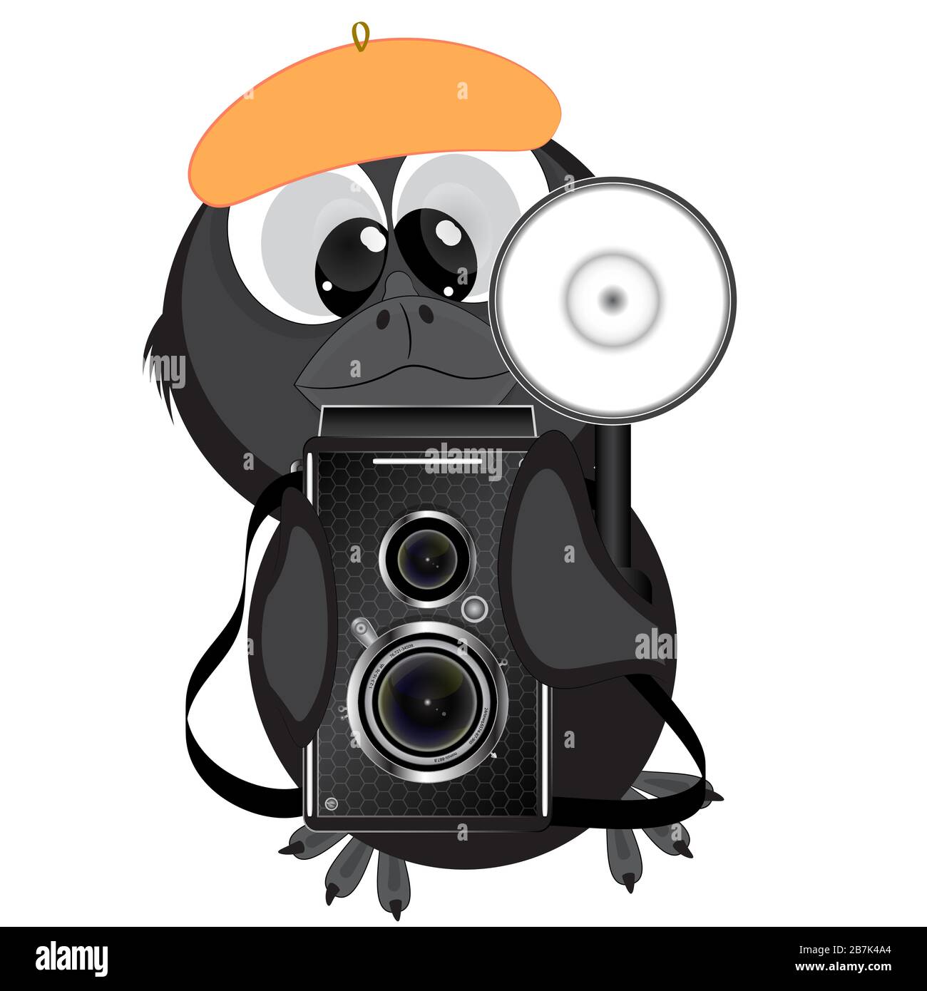 Kleiner Rabe mit Kamera. Cartoon-Vektor-Illustration auf weißem Hintergrund. Stock Vektor