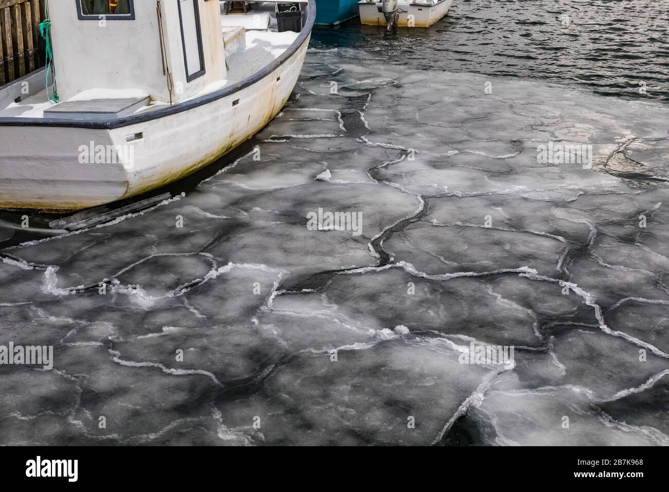 Meereis in der Nähe des Ufers an einer Bucht, die sich zum Atlantischen Ozean in Neufundland, Kanada öffnet Stockfoto