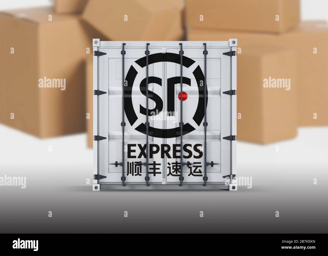 Kreatives Foto: Ein SF Express-Logo vor dem Hintergrund von Lieferboxen. Stockfoto