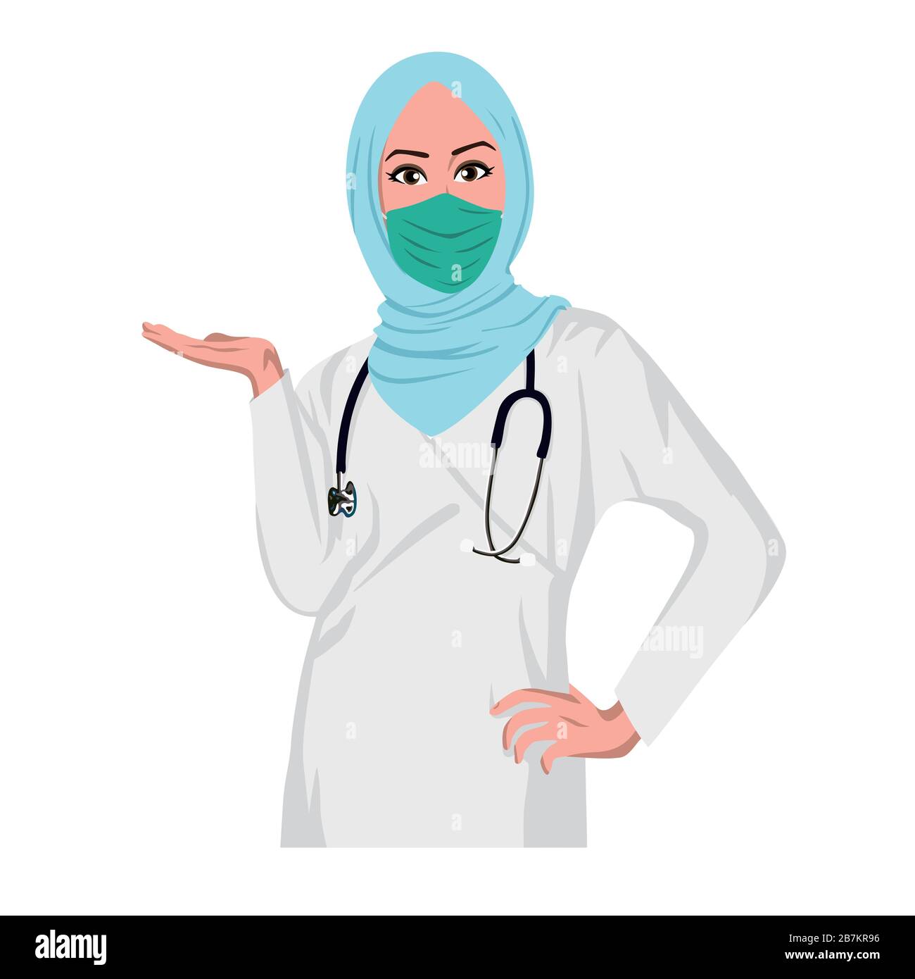 Schöne muslimische Ärztin Nurse trägt Hijab und Maske Anti Coronavirus Covid 19. Vektorgrafiken Mit Flachem Design Stock Vektor